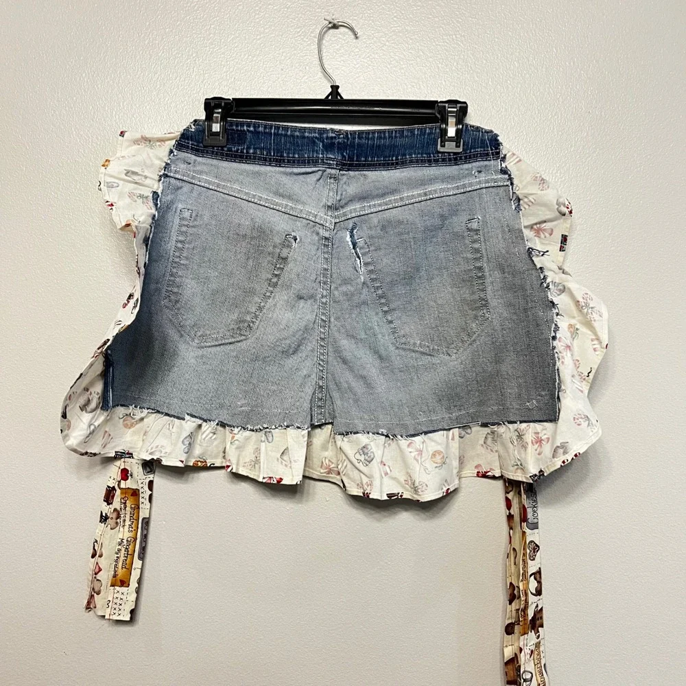 Handmade Upcycled Denim Holiday Apron Gingerbread Candy Cane Ruffle Trim Blue